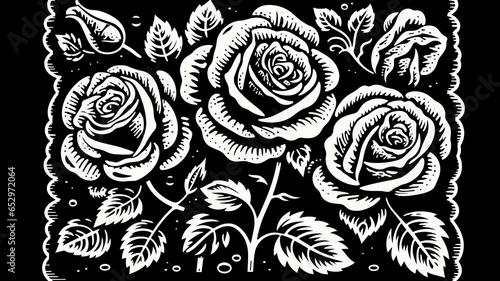 Wallpaper Mural Black and white linocut postage stamp rose garden thick bold dark lines. Generative AI Torontodigital.ca