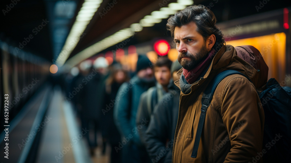 Man Commuting on Subway Platform During Rush Hour. Generative AI.