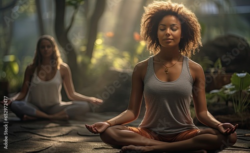 Young woman and other woman doing yoga outdoors