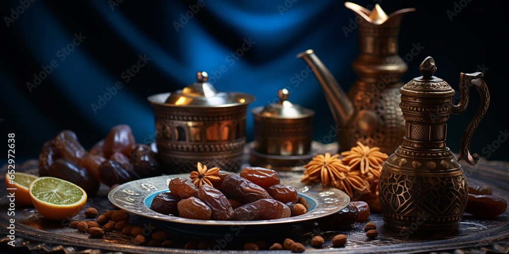 Traditional arabic coffee with dates . Ramadan decor with Arabian coffee set. ai generative
