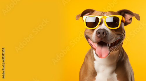 smiling pit bull type rescue dog looking forward with pride wearing sunglasses on yellow background. ai generative © Oleksandr