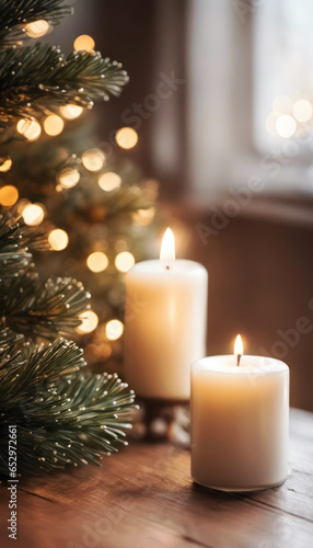 White christmas candle with christmas tree and copy space