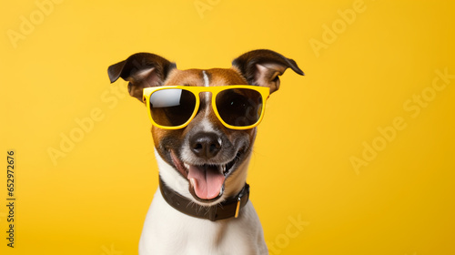 Canvas Print smiling Jack Russell Terrier type rescue dog looking forward with pride wearing sunglasses on yellow background