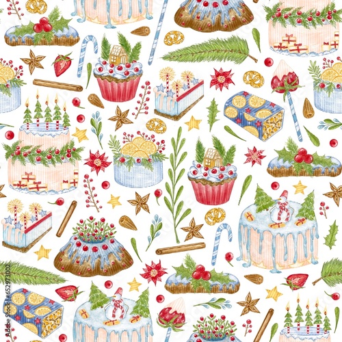 Christmas seamless pattern with holiday pastry, cakes, cookies, muffins