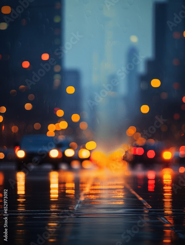 Abstract blur busy urban city street road with cars and lighting bokeh for background.