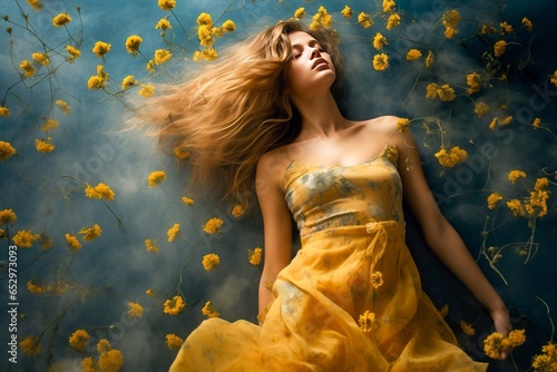 portrait d'une jeune femme glamour brune en robe jaune, douce élégante et glamour, avec des fleurs jaunes volantes.