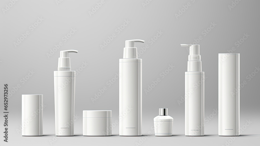 Set blank templates of empty and clean white plastic containers: bottles with spray, dispenser and dropper, cream jar, tube. Realistic mock-up of cosmetic package. Set blank templates of empty and clean white plastic containers: bottles with spray, dispenser and dropper, cream jar, tube. Realistic mock-up of cosmetic package.
