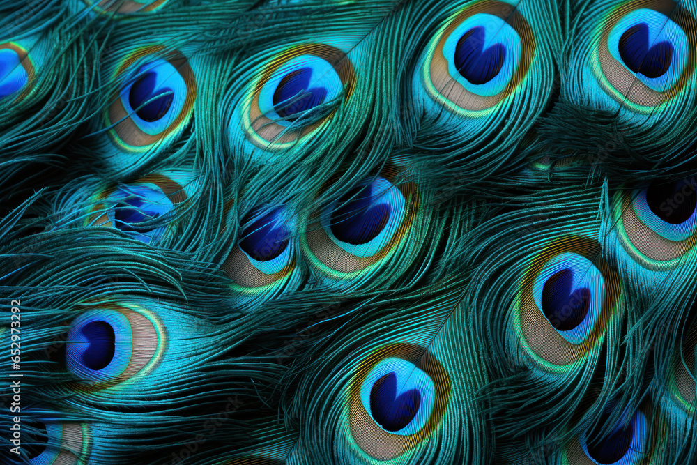 Fototapeta premium Beautiful bright background of peacock feathers, peacock feathers on a dark background