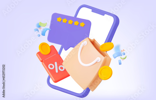 Advantageous Purchase from online store. Phone with coupon and bag. 3d render vector illustration. Loyalty program concept.