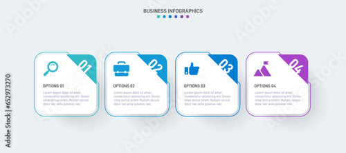 Timeline infographic with infochart. Modern presentation template with 4 spets for business process. Website template on white background for concept modern design. Horizontal layout.