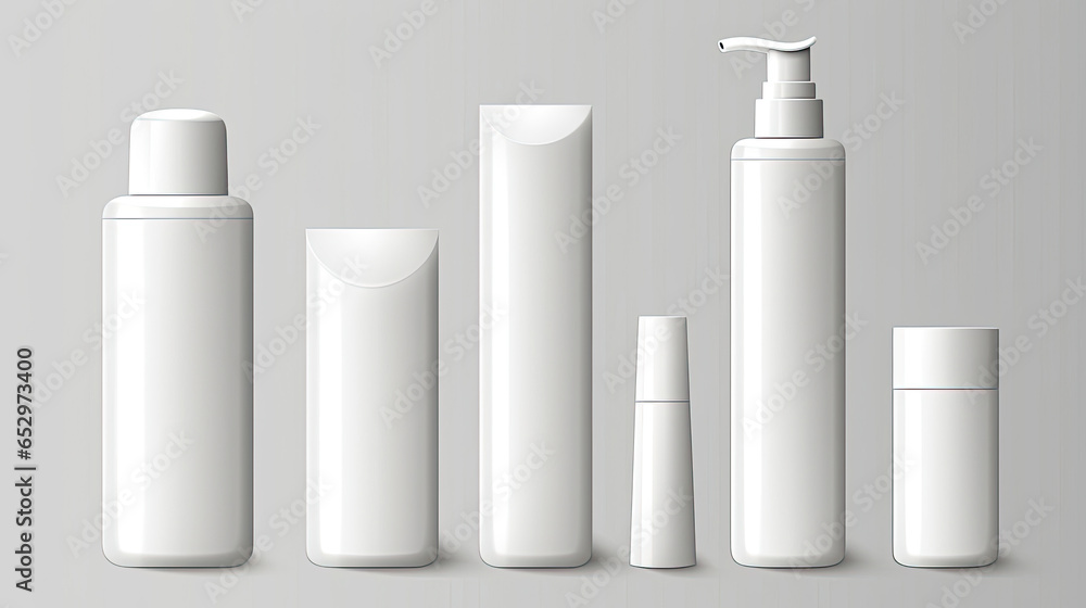 Set blank templates of empty and clean white plastic containers: bottles with spray, dispenser and dropper, cream jar, tube. Realistic mock-up of cosmetic package. - obrazy, fototapety, plakaty 