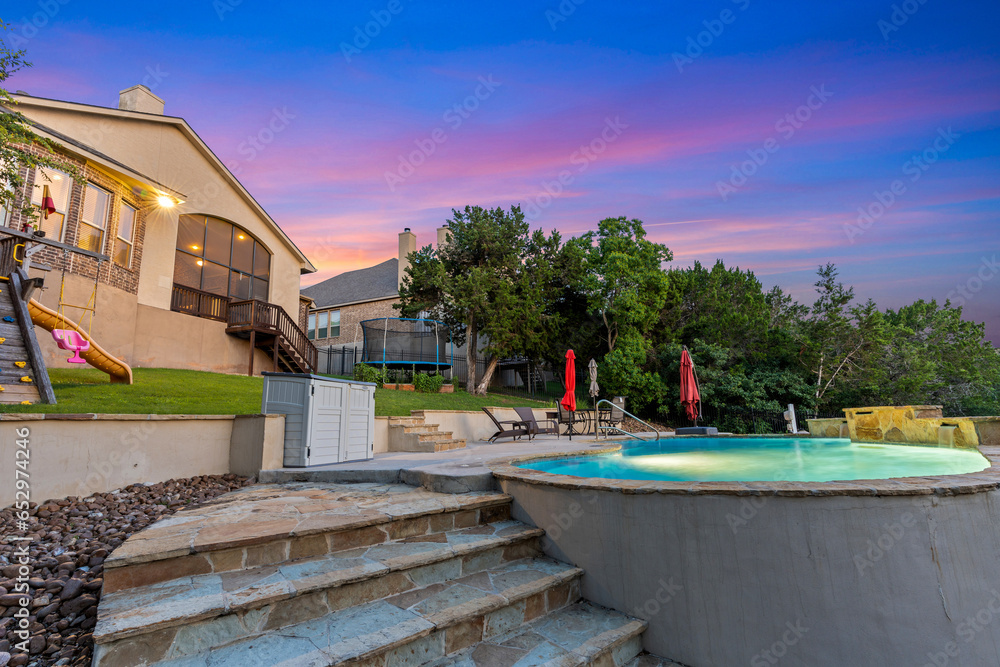 a screened patio at sunset