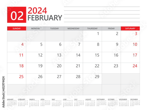 February 2024 year, Calendar planner 2024 and Set of 12 Months,  week start on Sunday. Desk calendar 2024 design, simple and clean design, Wall calendar, Corporate design planner template vector