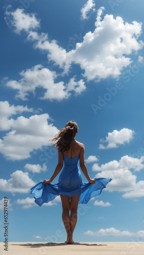 frau steht am strand in lockeren sommerkleid popo bottom arsch beine rasiert und geniesst sonne schaut in himmel wolken -. urlaub generative ki ai 