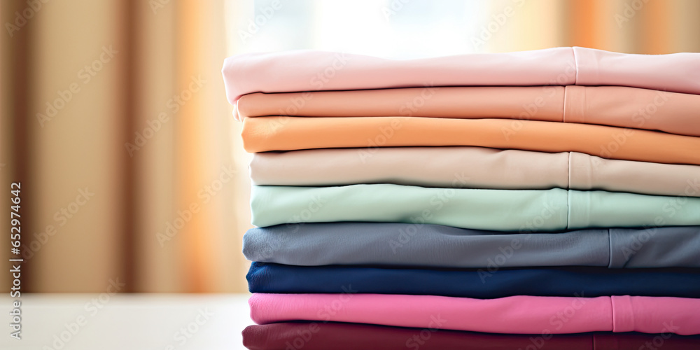 Stack of colorful clothes. Pile of clothing on table empty space background. Laundry and household. Stack of colorful clothes. Pile of clothing on table empty space background. Laundry and household.