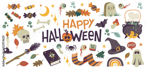 Bundle of icons for Halloween. Set of vector illustrations separated on a white background. treat or trick