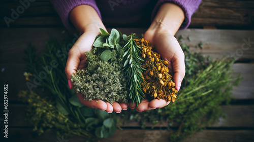 female hands holding a bunch of medicinal herbs. ai generative photo