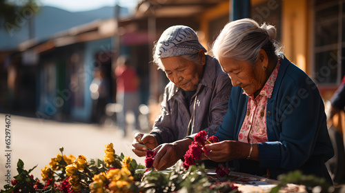 Elderly women arranging flower bouquet to sell, hispanic scene, copy space #652974672