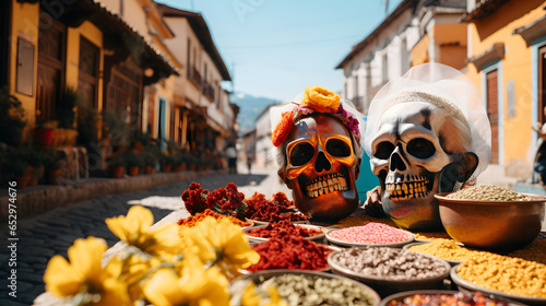 Calavera skulls of a couple in a mexican altar on the street of a mexicna folk town, daylight, flowers and offerings photo
