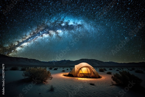 Tourist tent in the desert under starry night sky with milky way