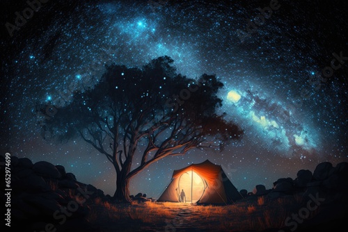 Tourist tent under a big tree in the night starry sky