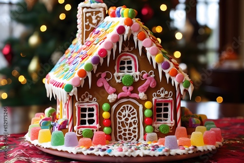 A homemade gingerbread house surrounded by candies  gumdrops  and sugar icing