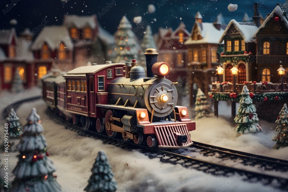 Vintageinspired toy train running through a miniature Christmas