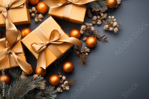 Christmas banner with gifts, gold balls on dark gray background. Copy space. Xmas greeting card. Close up. Happy New Year.