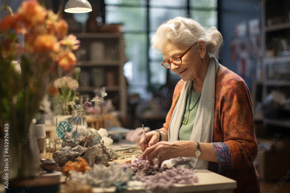 An elderly woman exploring a new hobby, highlighting the opportunities for lifelong learning. Generative Ai. An elderly woman exploring a new hobby, highlighting the opportunities for lifelong learning. Generative Ai.