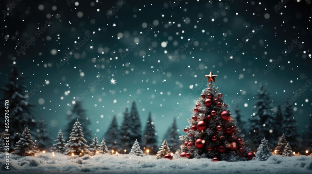 Christmas background with a Christmas tree decorated with red balls