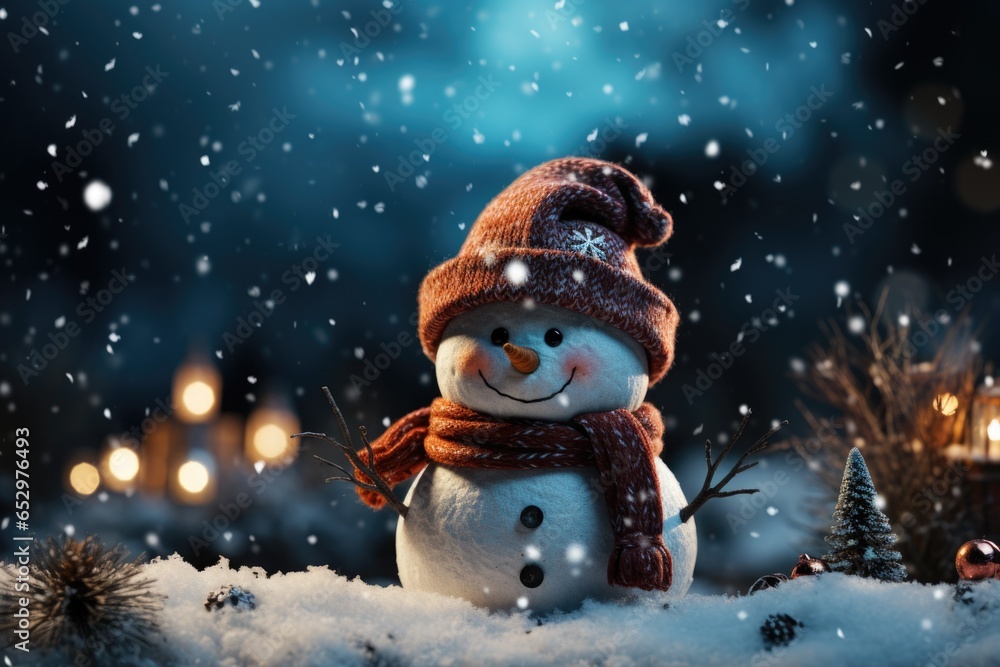 Smiling snowman character with woolen scarf and hat, Christmas card background