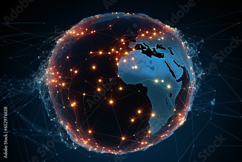 A 3d visualization depicting a network of interconnected nodes spanning the globe. Generative AI