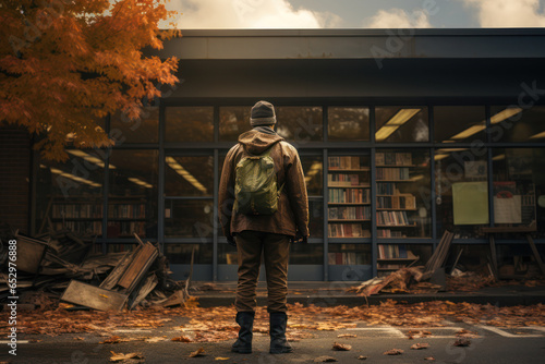 A person standing outside a closed library, symbolizing the loss of community resources. Generative Ai.