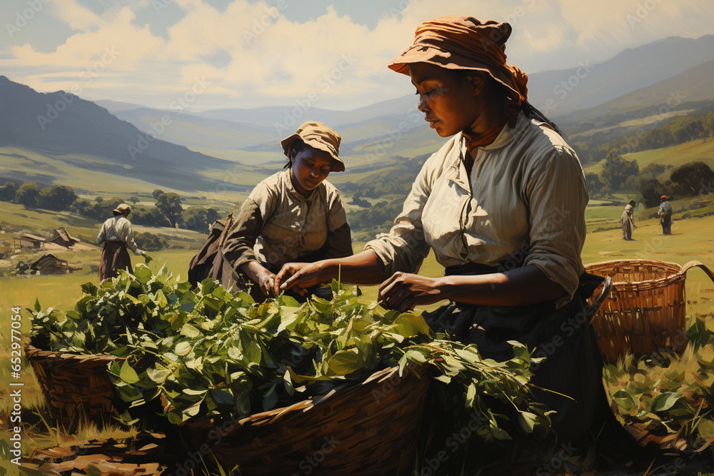 .workers gathering ceylon tea on green plantation - obrazy, fototapety, plakaty 