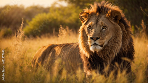 Grande leone maschio (Panthera leo) con una bellissima criniera nella savana al tramonto © Wabisabi