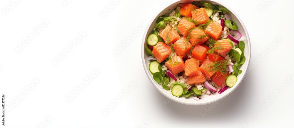 Salmon poke bowl viewed from the top isolated on a white background Salmon poke bowl viewed from the top isolated on a white background