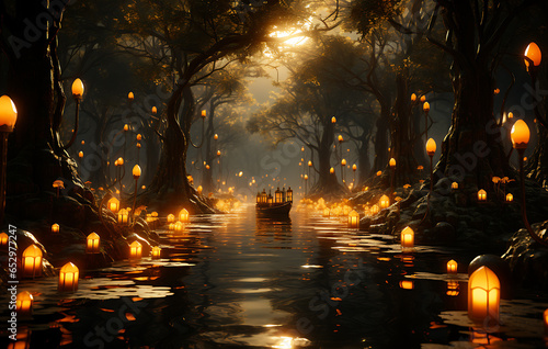 Halloween pumpkins in a tree in a spooky forest at night