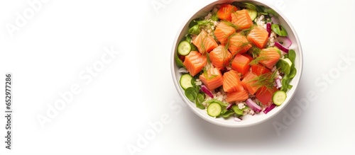 Salmon poke bowl viewed from the top isolated on a white background