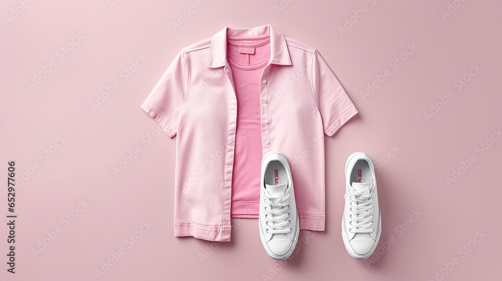 T-shirt, blue jeans, white leather sneakers, fashionable pink blazer jacket isolated on gray background. Clean Branding clothes. Mockup for your design. Spring Summer Clothing - obrazy, fototapety, plakaty 