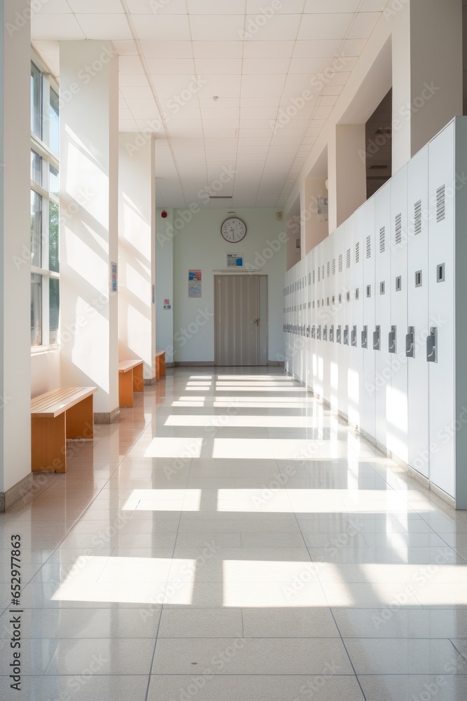 School hallway with nice lights and row of lockers on the wall. Generative AI