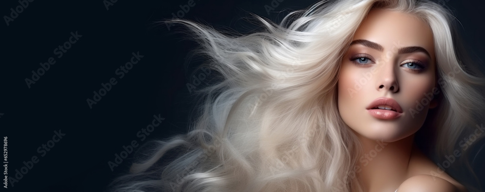 Beautiful woman with long blonde hair and perfect nude make up on dark ...