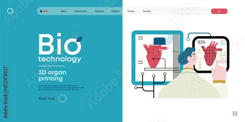 Bio Technology, 3D organ printing -modern flat vector concept illustration of 3D printer creating a human heart. Metaphor of technology in organ transplantation and the future of regenerative medicine