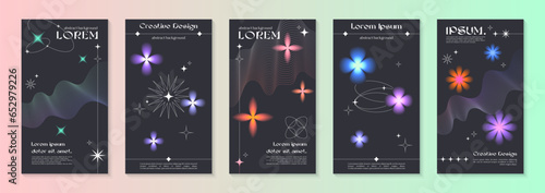 Vector insta story cosmic templates with linear shapes,blurred sparkles in 90s style.Smm banners in y2k aesthetic.Futuristic designs for social media marketing,branding,packaging