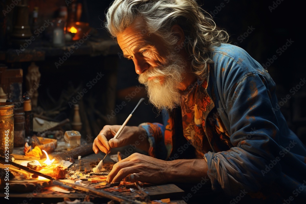 Elderly artist, inspiring moment of art and creativity, artists and artisans at work.