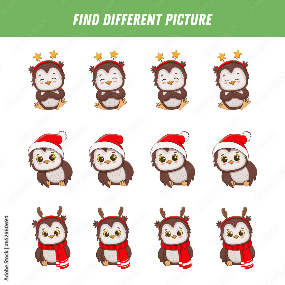 Find different owl in each row. Logical game for kids. Cartoon cute owlet. Winter Christmas game. Xmas activity. Vector