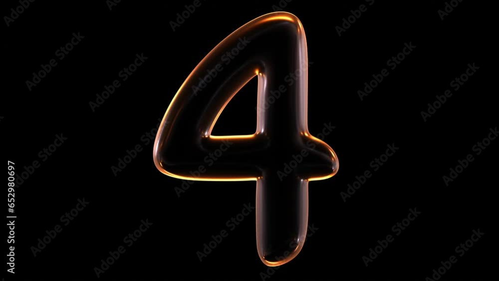 Seamless animation of glowing number 4 with light and reflections isolated on black background in 3d rendering. Seamless animation of glowing number 4 with light and reflections isolated on black background in 3d rendering.