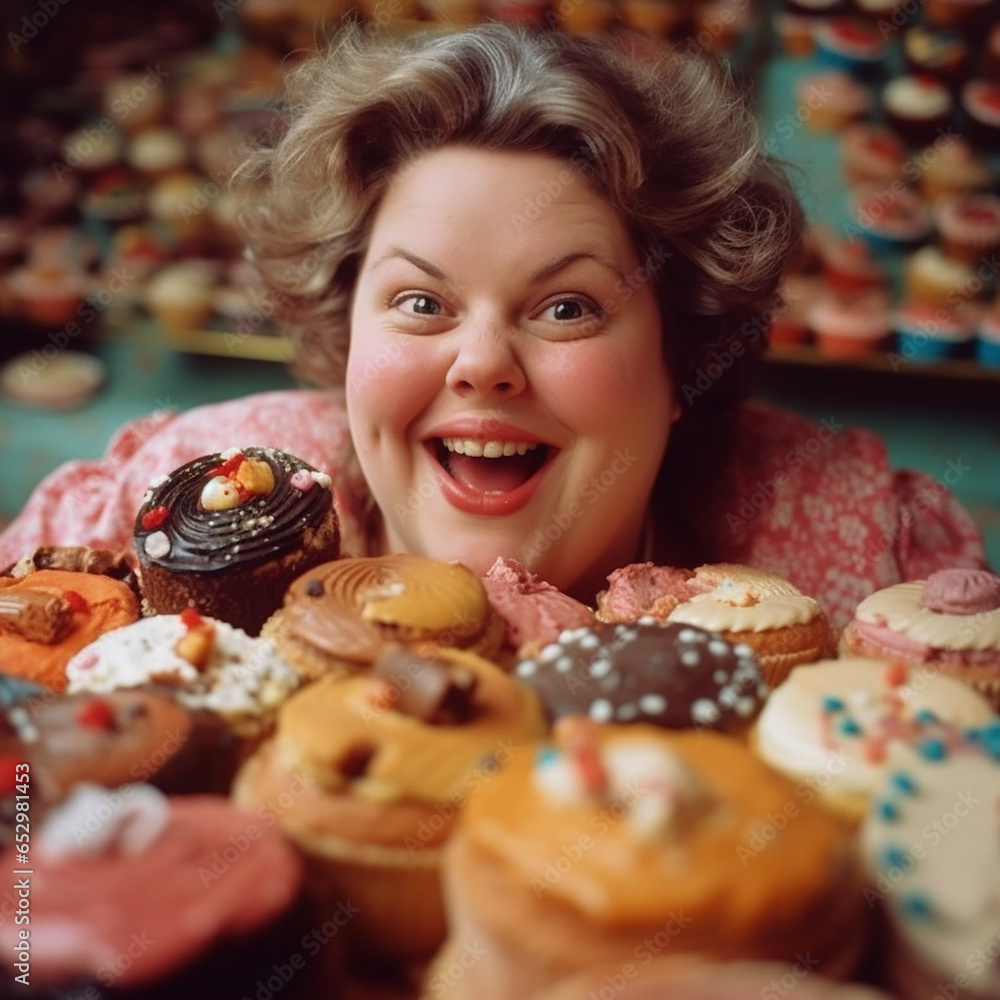 Very fat body positive woman and many different donuts of sweets in front of her, woman eats sweets, healthy lifestyle cartoon, healthy eating Very fat body positive woman and many different donuts of sweets in front of her, woman eats sweets, healthy lifestyle cartoon, healthy eating