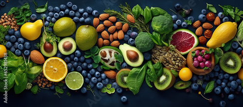Healthy food background. Fruit, vegetable, seeds, superfood, cereals, leaf vegetable Healthy food concept. Created with Generative AI © Yevhen