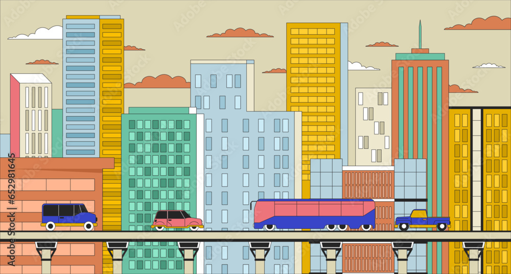 Cityscape day line cartoon flat illustration. Vehicles road transportation 2D lineart scenery background. Buildings skyscrapers, transport highway bridge. Highrise urban scene vector color image