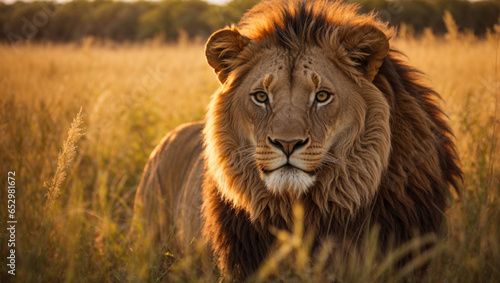 Grande leone maschio  Panthera leo  con una bellissima criniera nella savana al tramonto